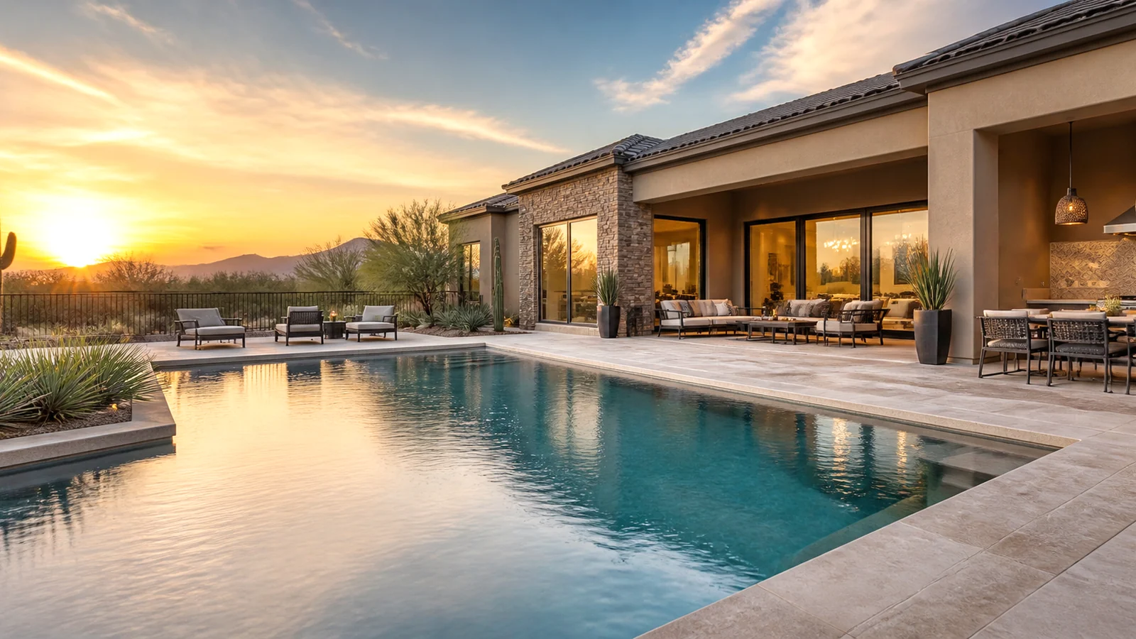 Swimming pool and covered patio at sunset with desert hills on the horizon