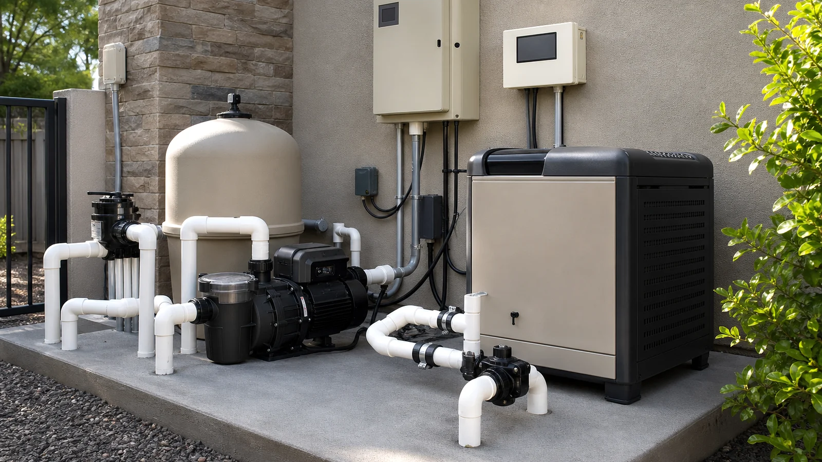 Pool filter, pump, heater, and control panels installed on an equipment pad beside a home