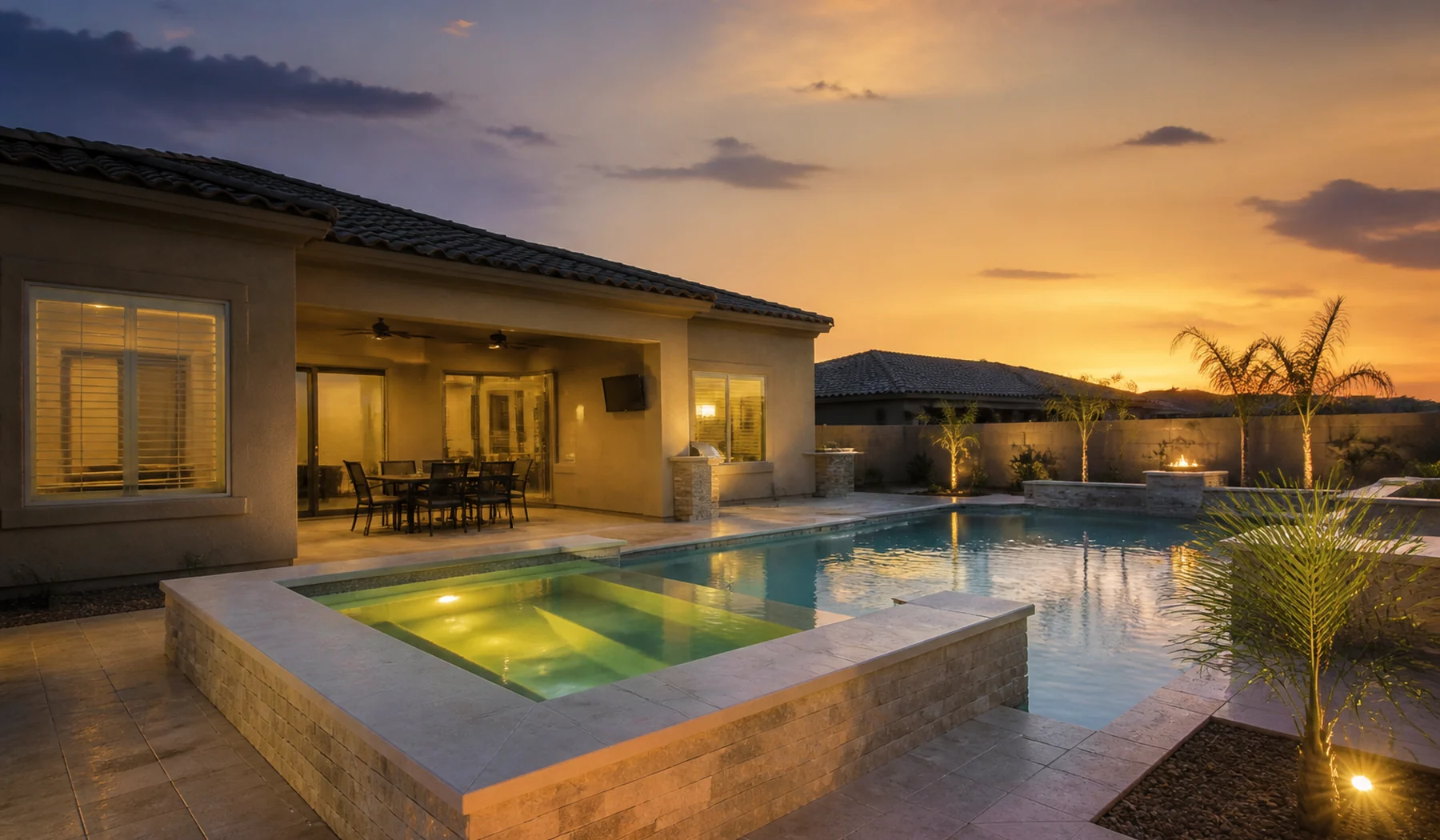 Chandler backyard pool glowing at blue hour beneath an Arizona sky