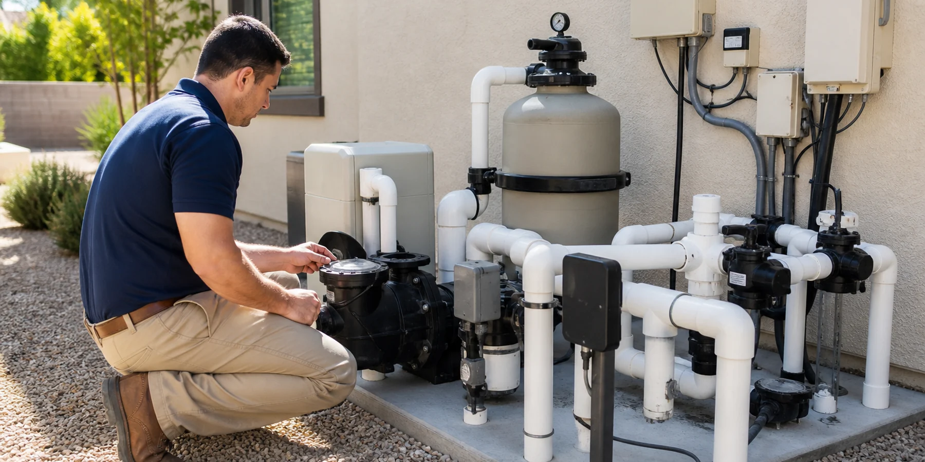 Licensed pool professional inspecting modern equipment at a Chandler property