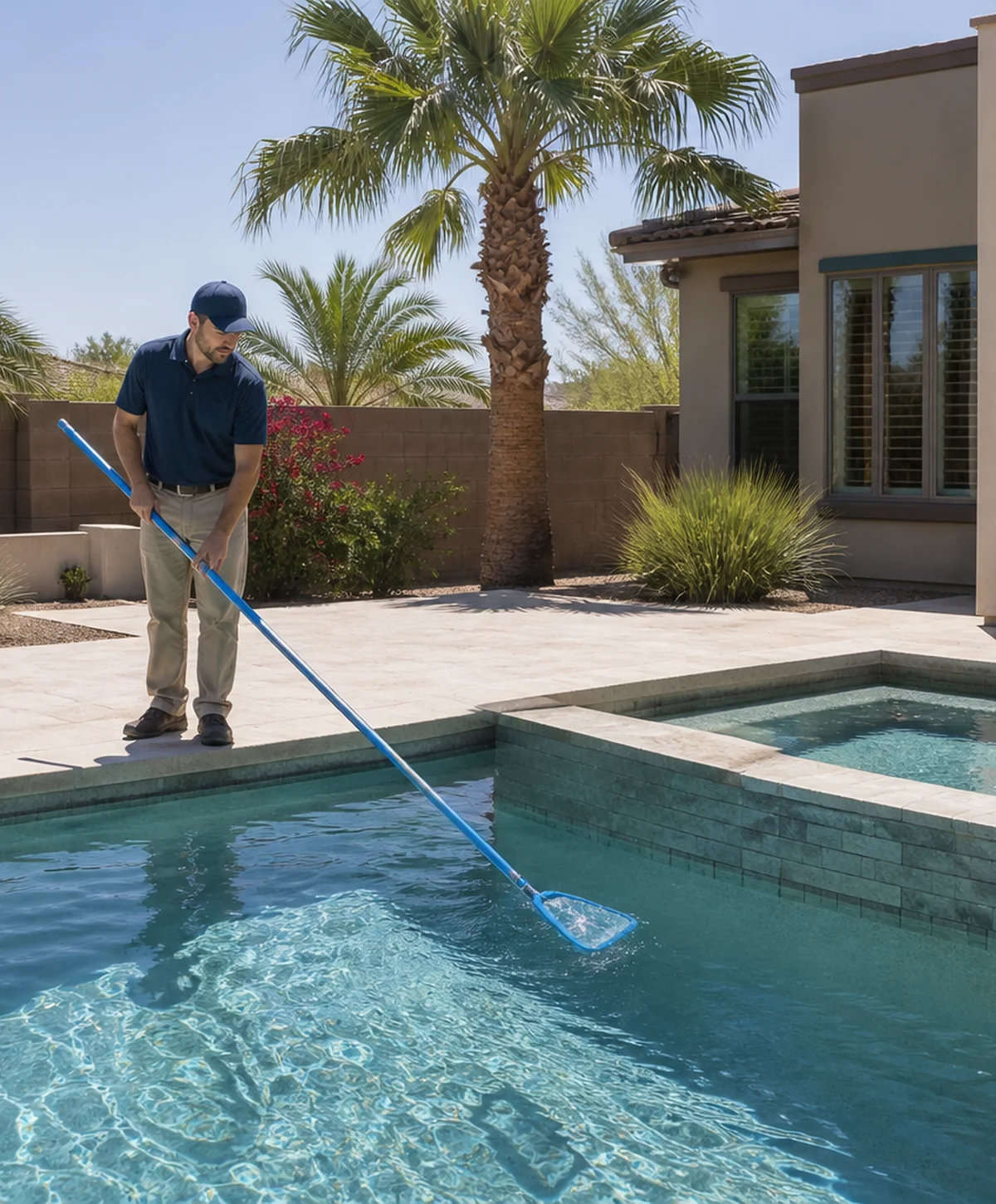 Pool professional performing weekly service at a Chandler backyard pool