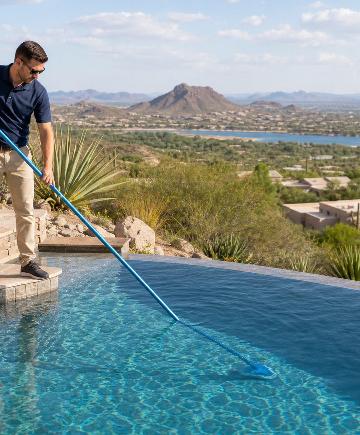 Pool professional performing weekly service at a Fountain Hills backyard pool