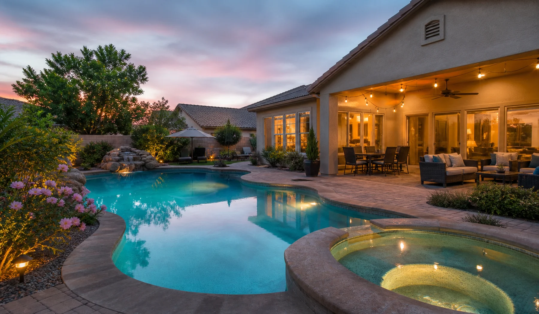 Gilbert backyard pool glowing at blue hour beneath an Arizona sky
