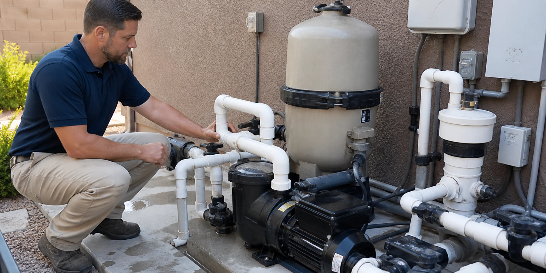 Licensed pool professional inspecting equipment at a Gilbert property