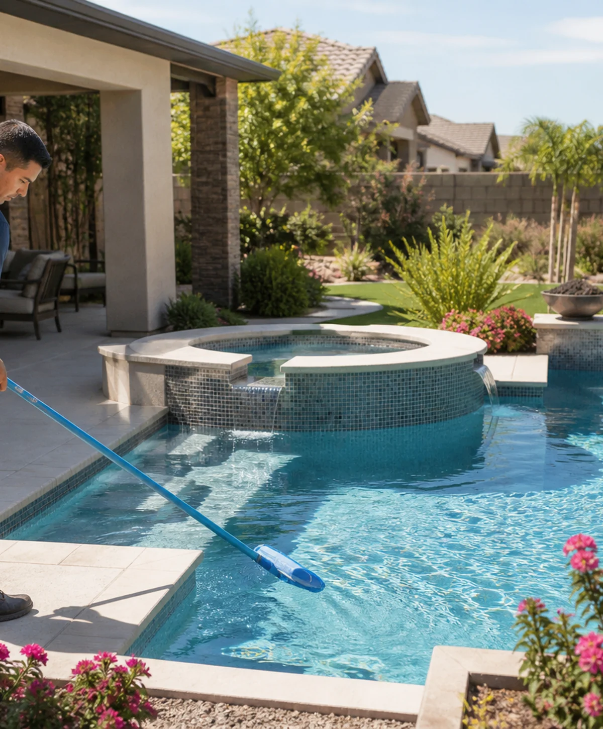 Pool professional performing weekly service at a Gilbert backyard pool
