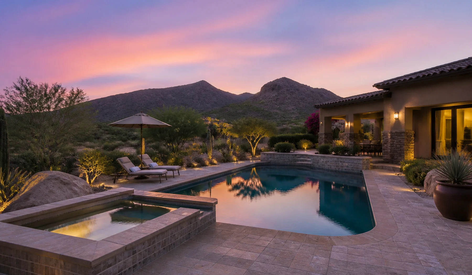 Paradise Valley pool glowing at blue hour beneath a desert sky