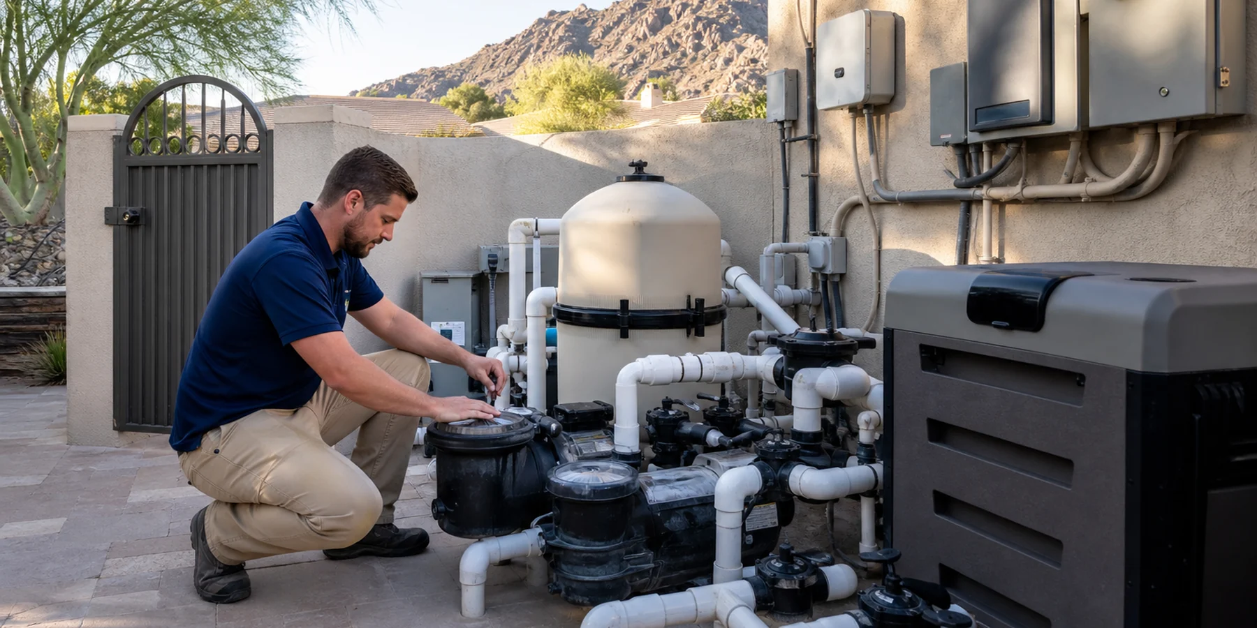 Licensed pool professional inspecting equipment at a Paradise Valley property