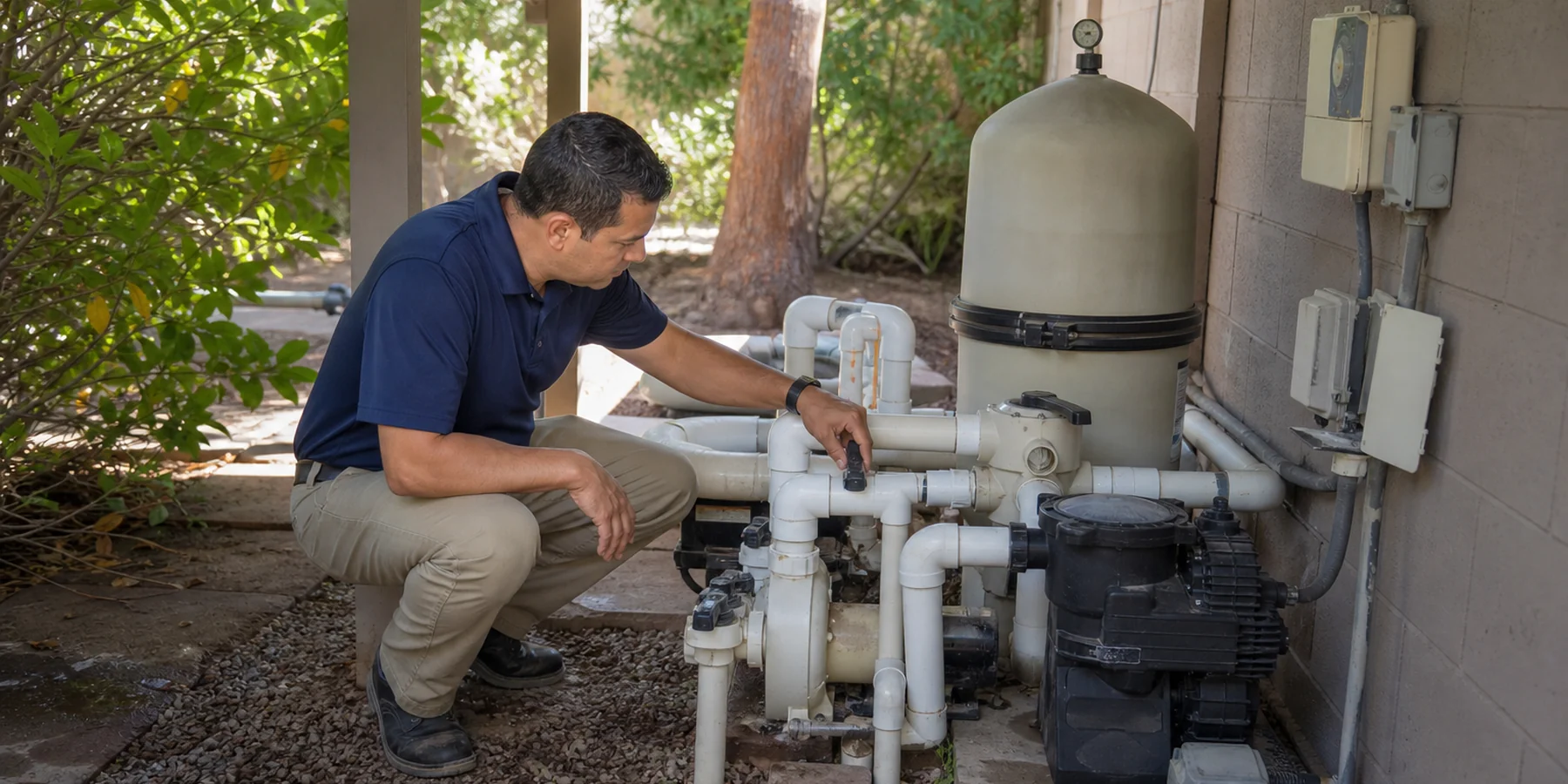 Licensed pool professional inspecting equipment at a Phoenix property