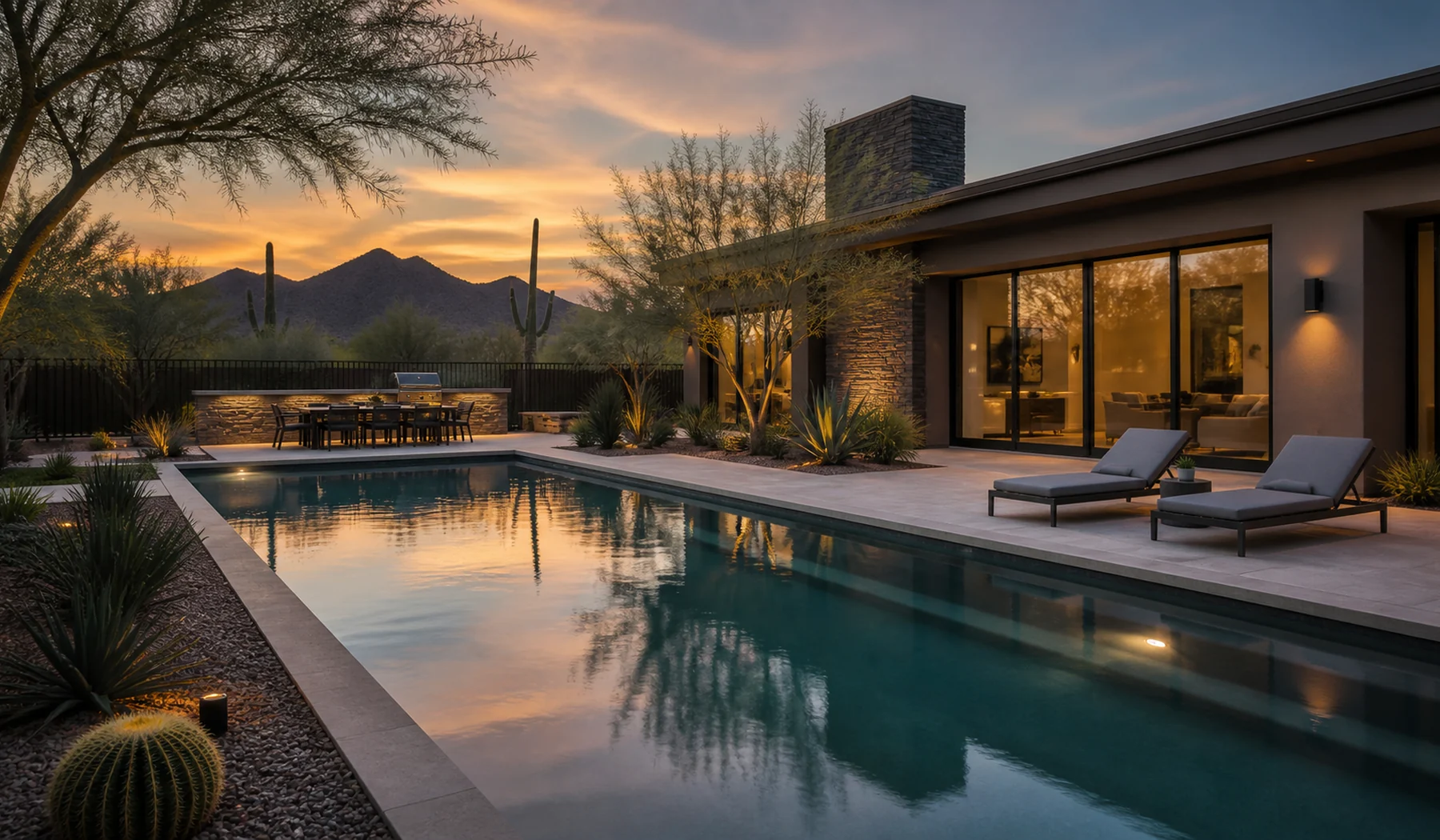 Scottsdale residential and commercial pool glowing at blue hour with desert landscaping.