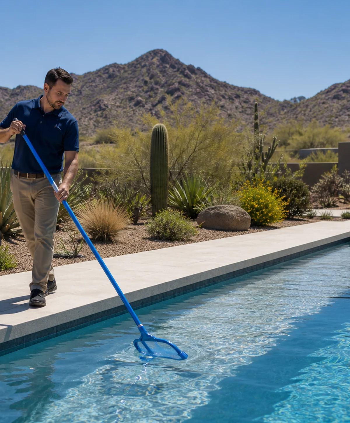 Pool professional performing weekly service at a Scottsdale pool.