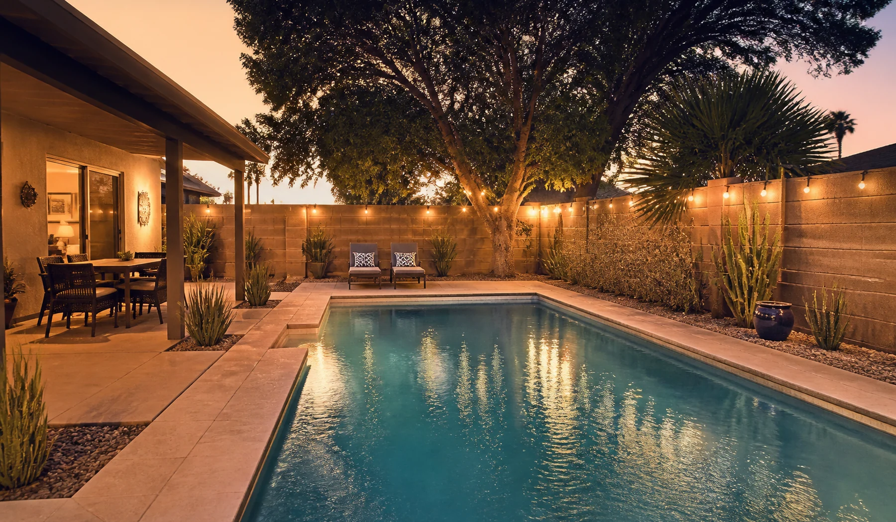 Tempe backyard pool glowing at blue hour beneath an Arizona sky