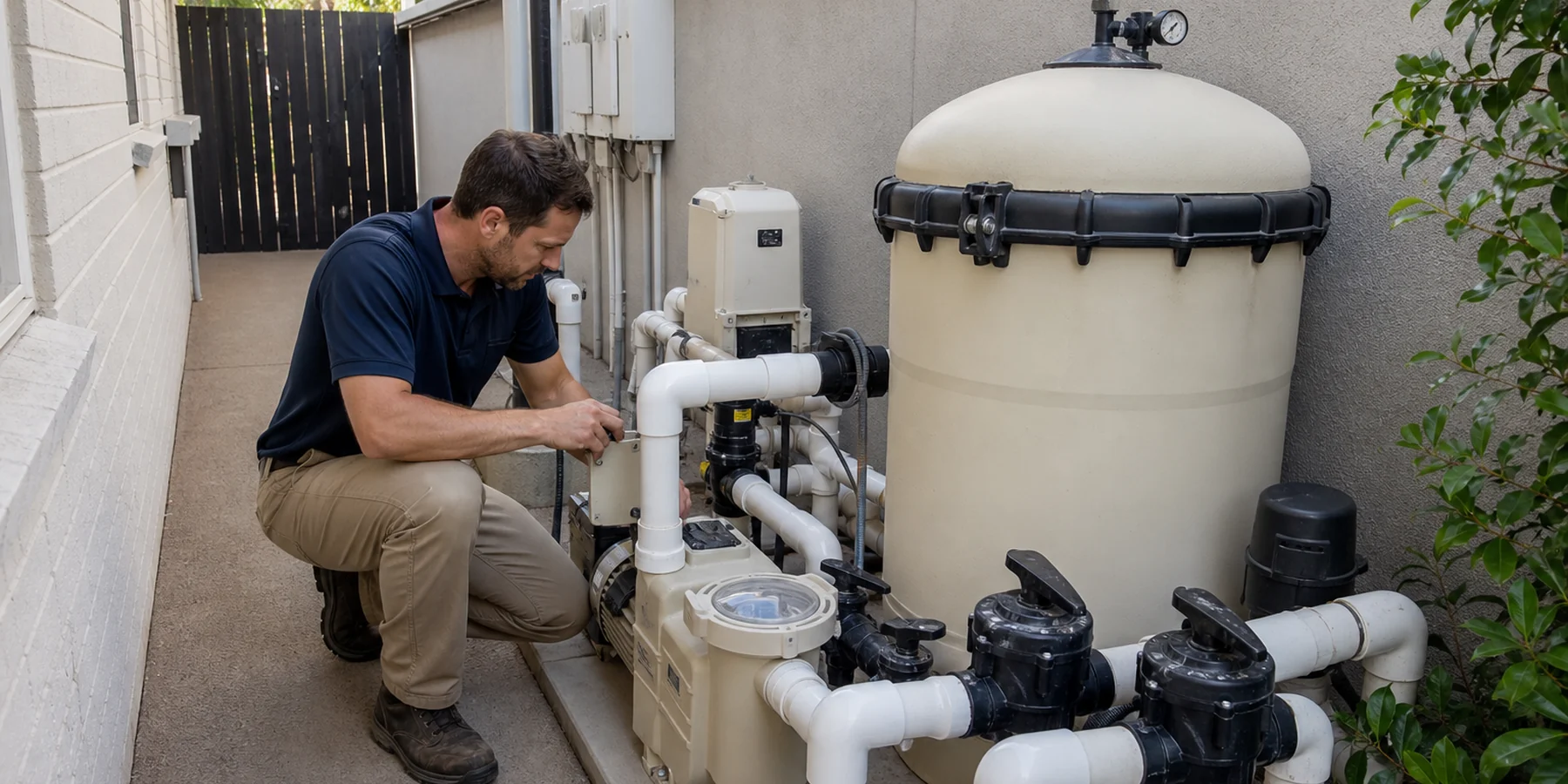 Licensed pool professional inspecting equipment at a Tempe property