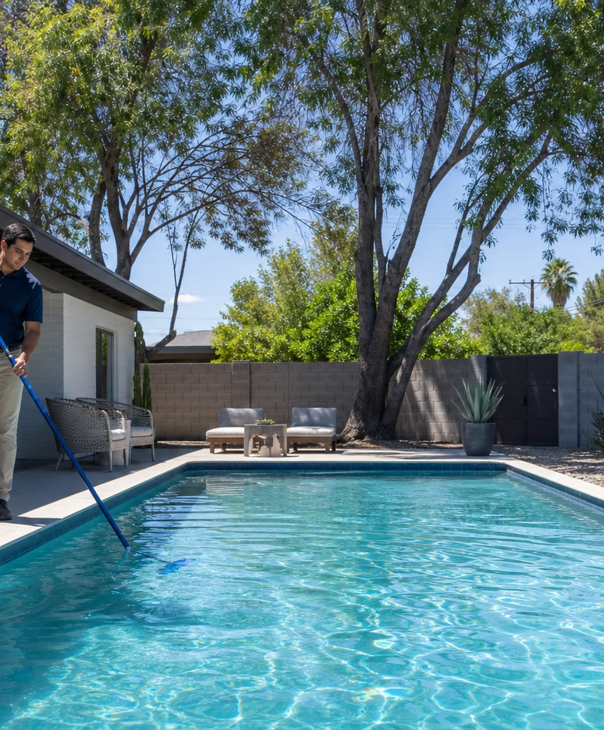 Pool professional performing weekly service at a Tempe backyard pool