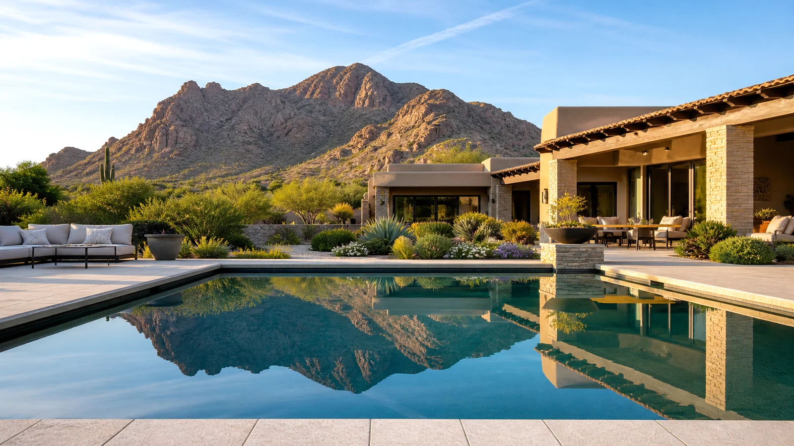 Luxury Paradise Valley backyard pool framed by desert landscaping and mountain views