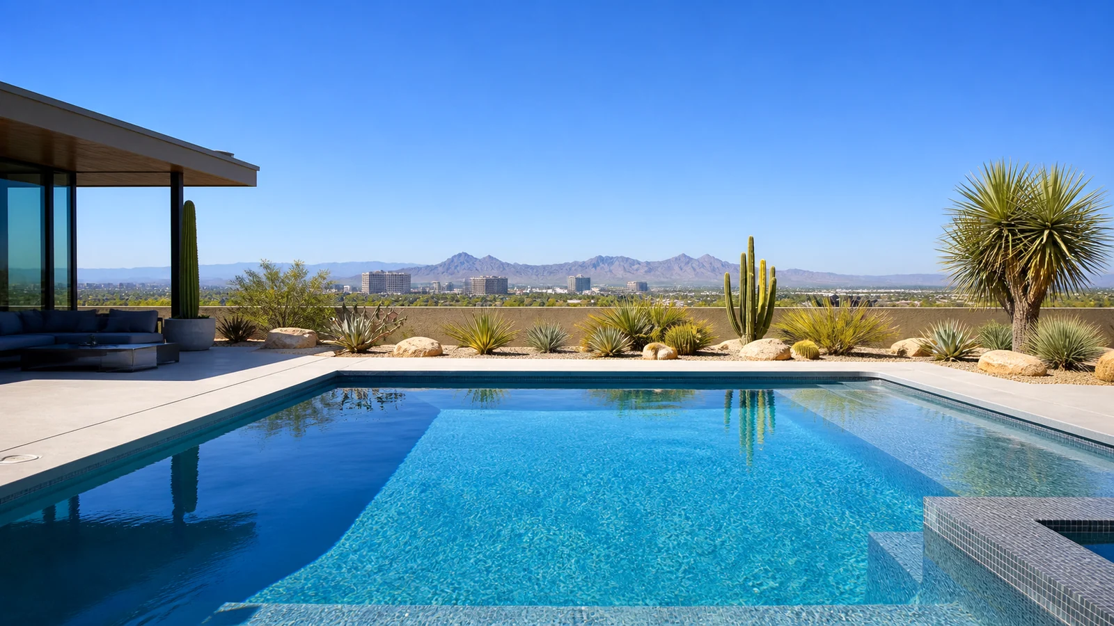 Clear Phoenix backyard pool surrounded by mature desert landscaping