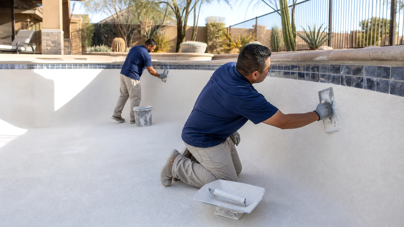 Two workers applying a new interior finish to a drained swimming pool
