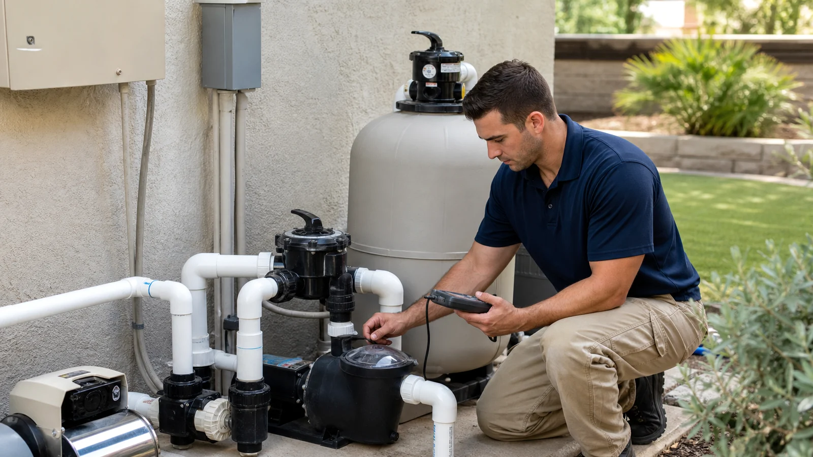 Pool technician using a meter to check a pump at a residential equipment pad