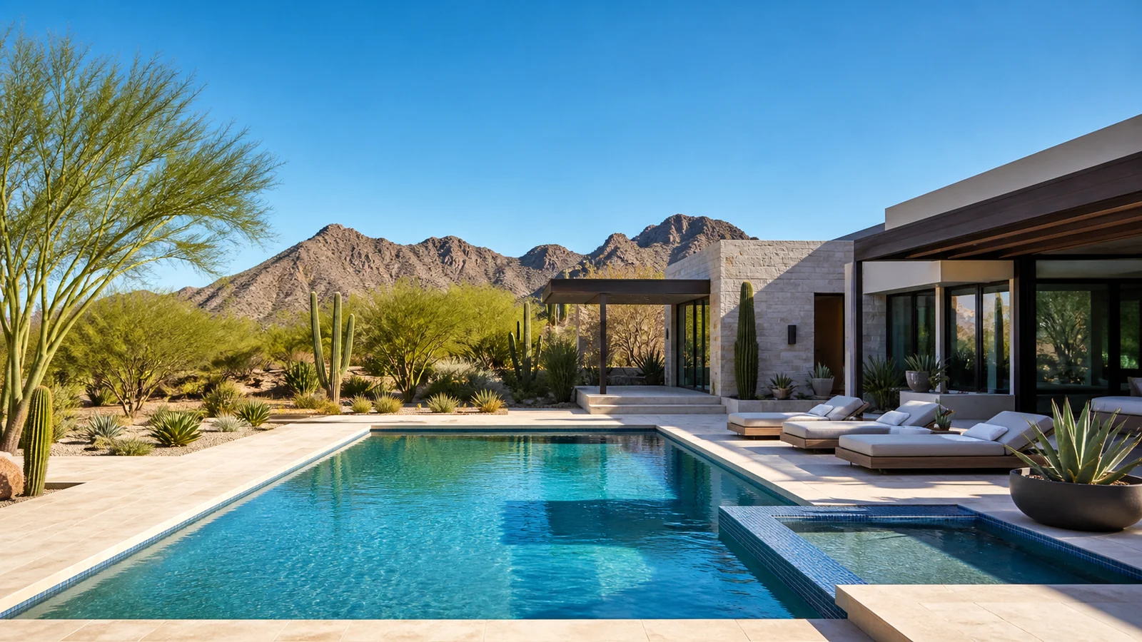 Bright Scottsdale backyard pool with desert landscaping and mountain views.