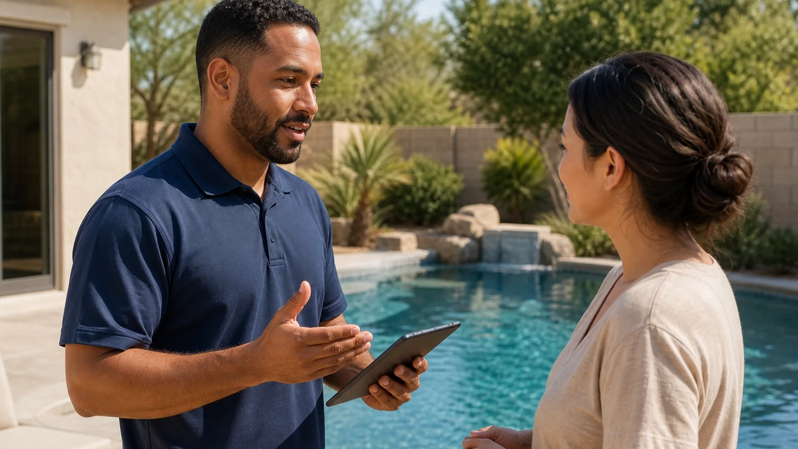 Pool professional answering a Chandler customer's questions beside a backyard pool