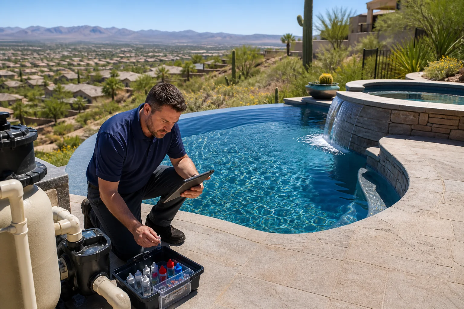 Pool professional assessing the water, equipment, spa, and service needs at a Fountain Hills property