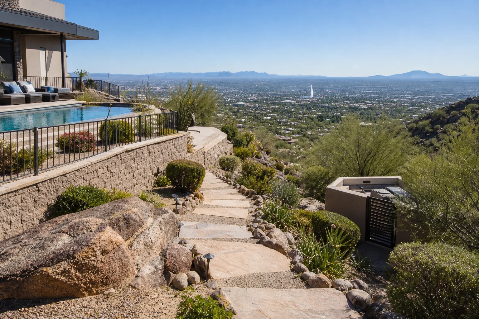 Elevated Fountain Hills pool with a sloped access path, desert terrain, and equipment at a lower level