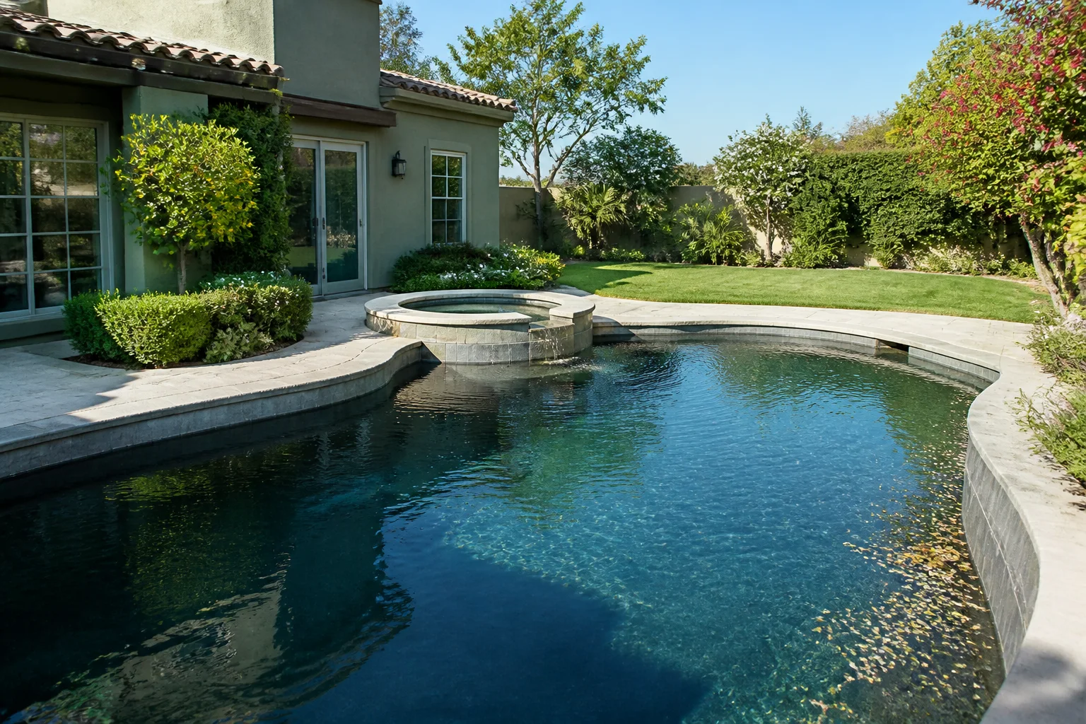 Green Gilbert backyard pool with sun, leaves, landscaping, and an attached spa
