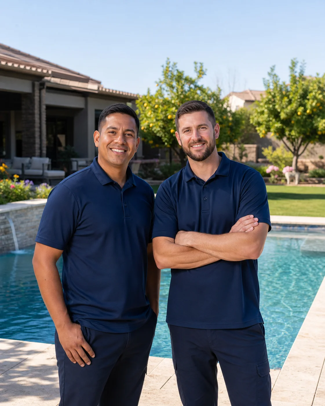 Local pool professionals beside a green Gilbert backyard pool