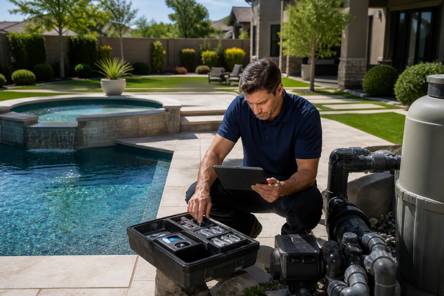 Pool professional assessing water, equipment, spa, and improvement needs at a Gilbert property