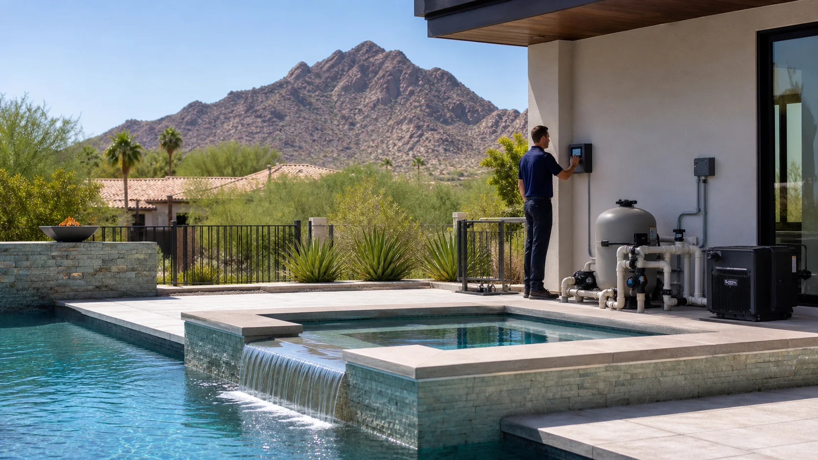 Paradise Valley pool and raised spa with a professional reviewing its automation and equipment system