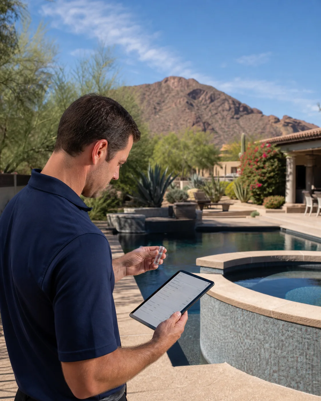 Pool professional documenting water readings on a tablet beside a Paradise Valley pool and spa