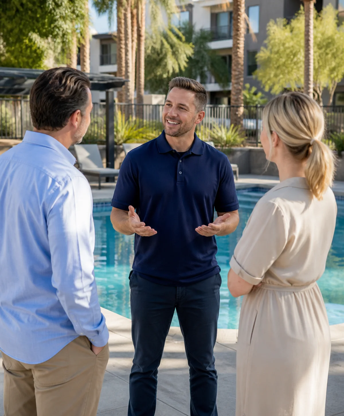 Phoenix pool professional answering customer questions beside a pool