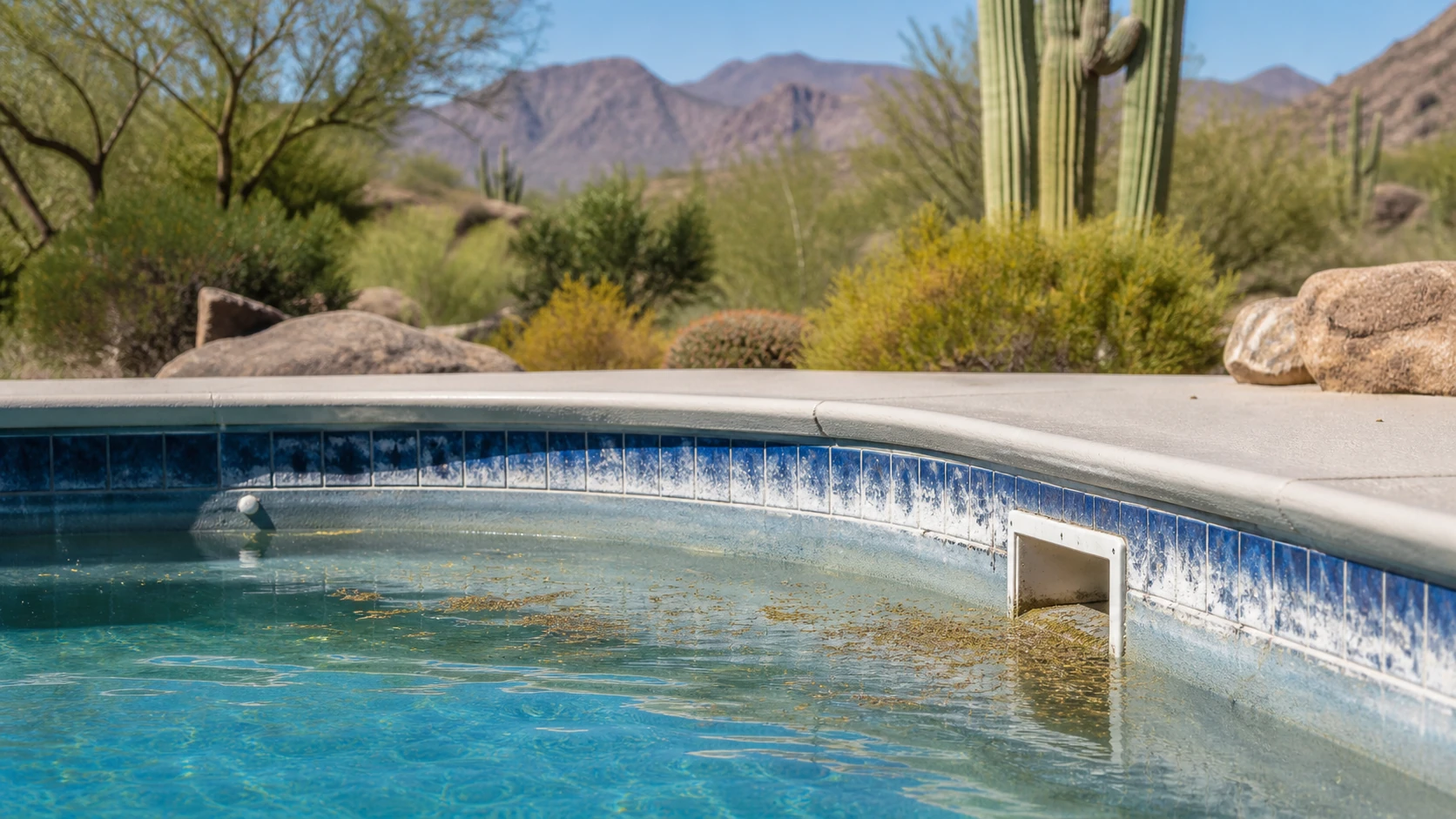 Scottsdale pool tile showing hard-water scale and windblown desert debris near the skimmer.