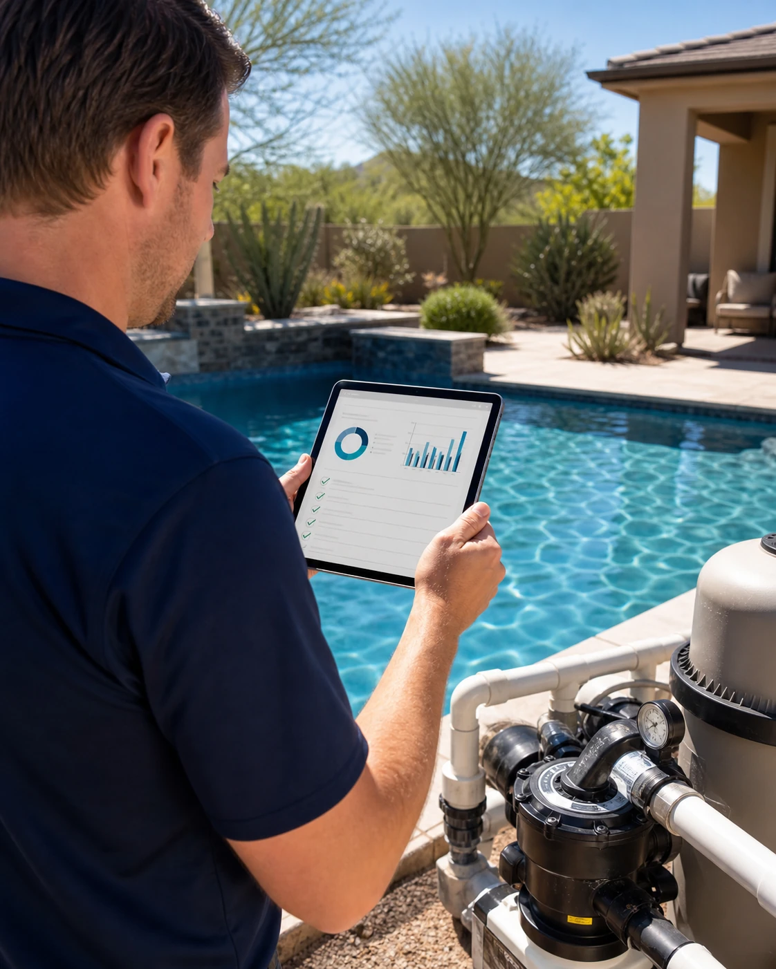 Pool professional reviewing a completed Scottsdale service report on a tablet beside the equipment pad.