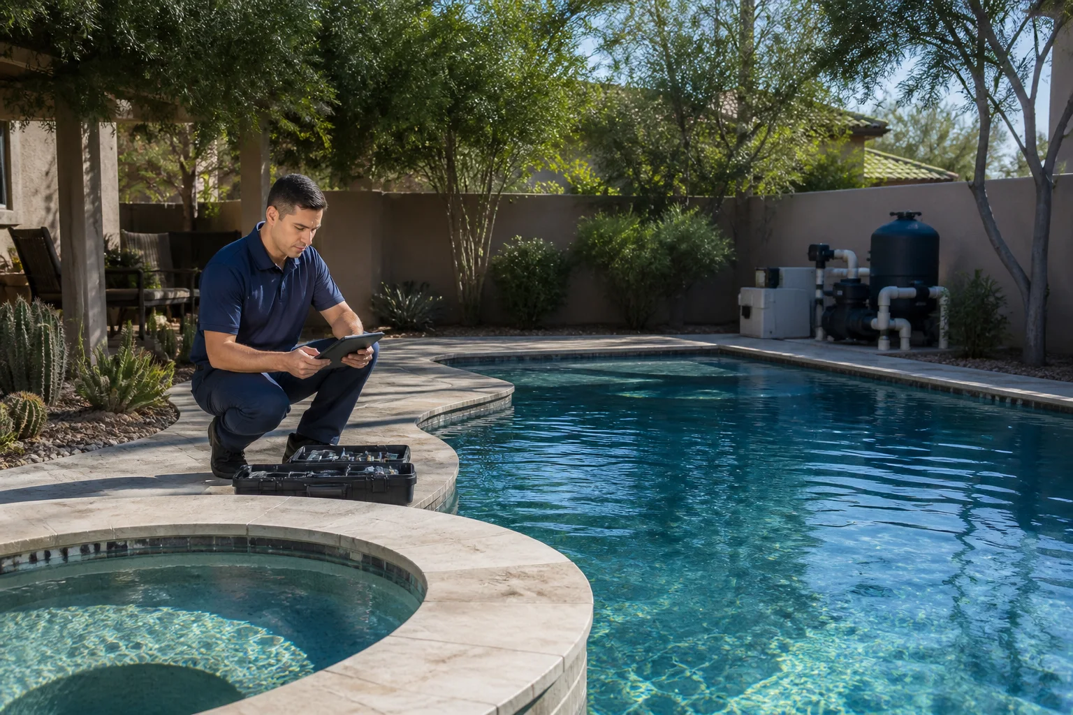 Pool professional assessing water, equipment, spa, and improvement needs at a Tempe property