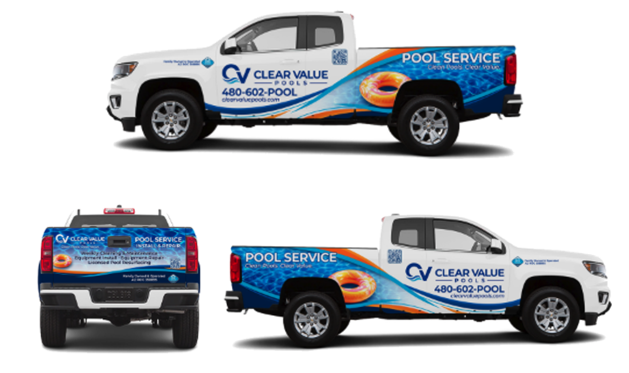 Three isolated views of the Clear Value Pools service truck with the current 480-602-POOL wrap.