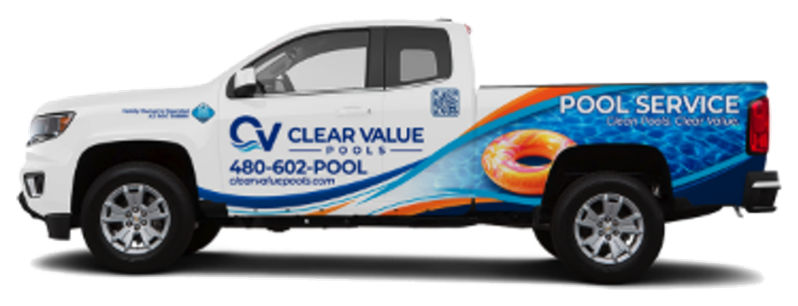 Clear Value Pools service truck with the current 480-602-POOL wrap