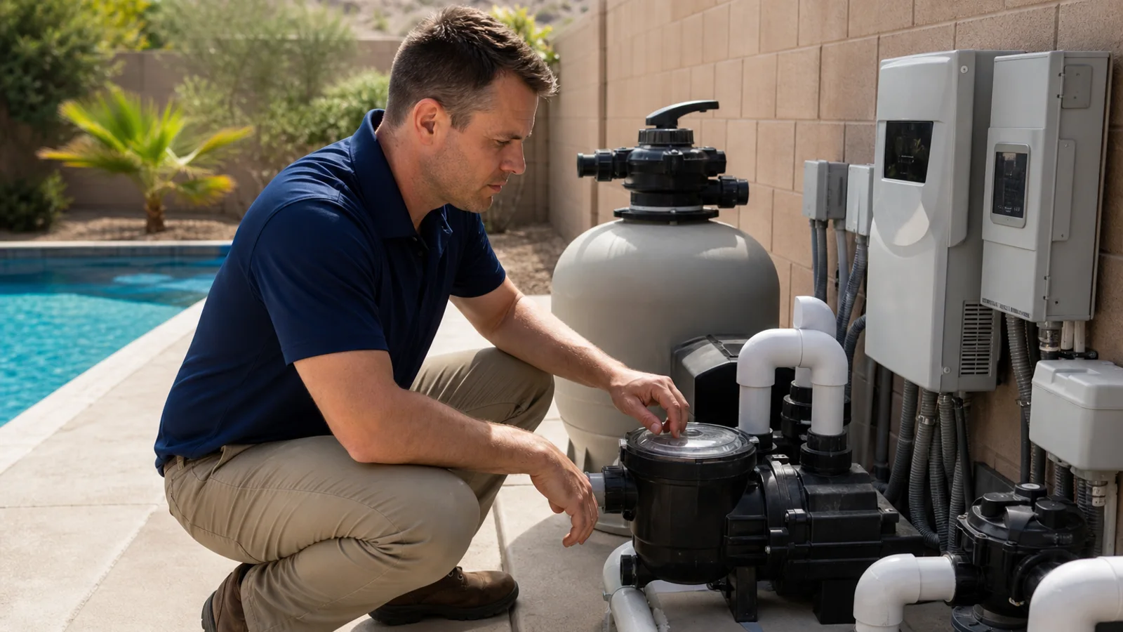 Pool professional inspecting modern equipment beside an Arizona pool