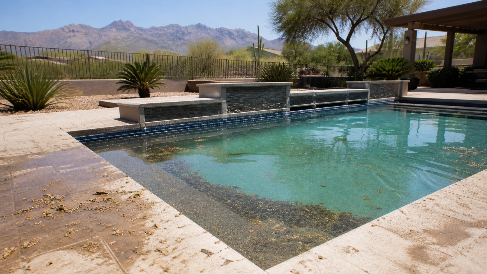 Arizona pool showing windblown debris and mineral buildup after desert heat and weather.