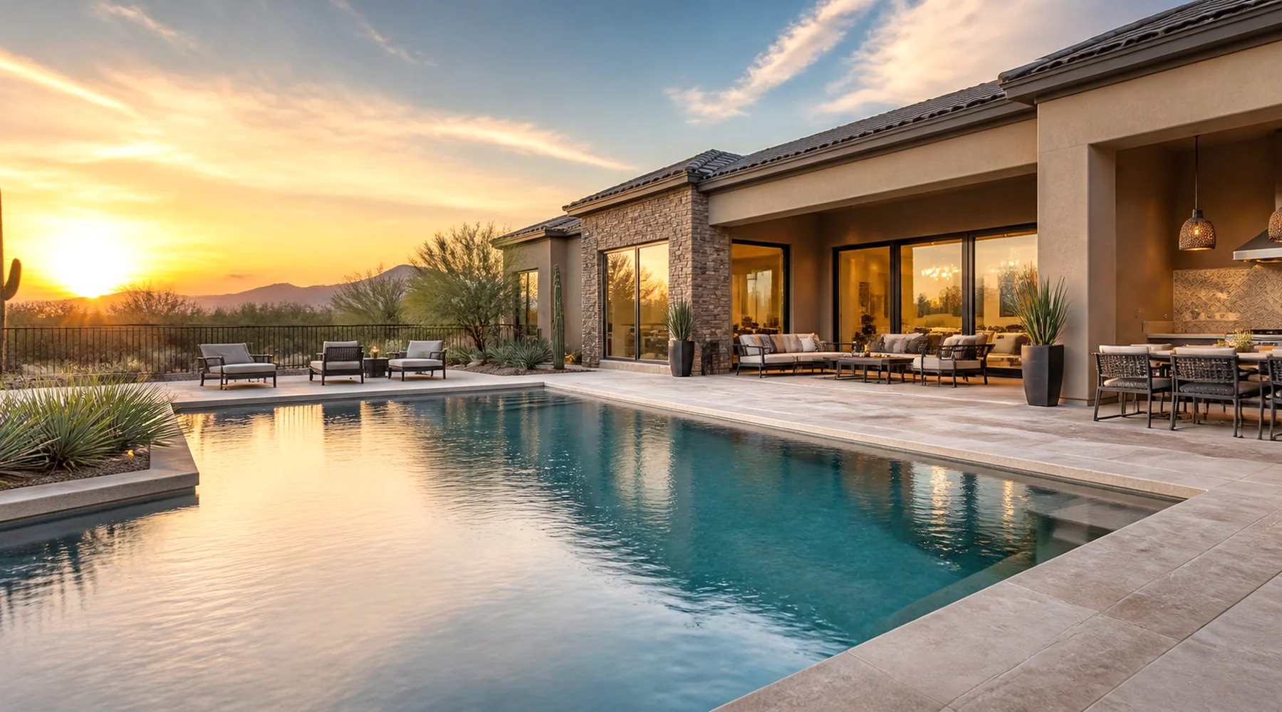 Golden-hour Arizona residential and commercial pool with desert landscaping.