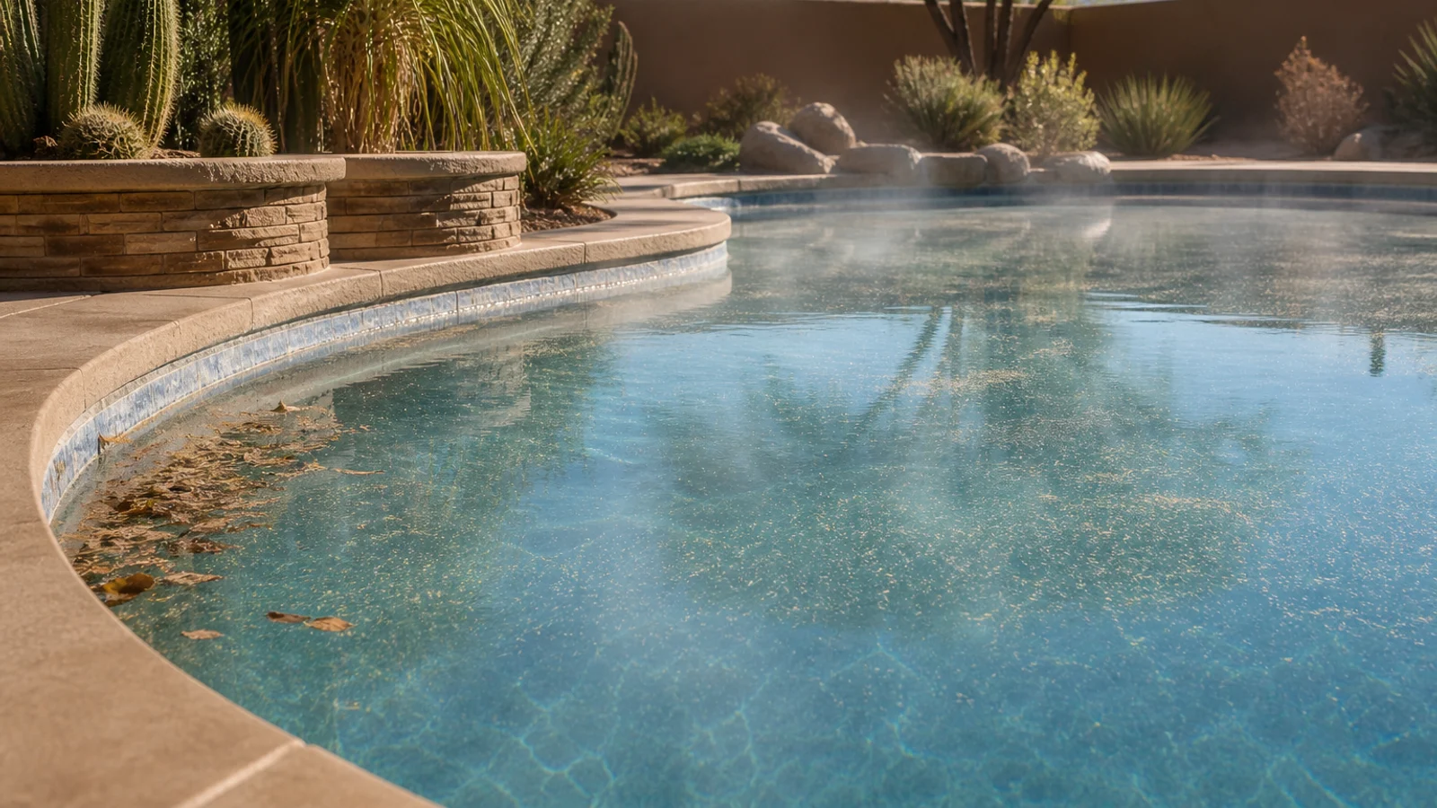 Arizona pool conditions including strong sun, windblown debris, and hardworking equipment