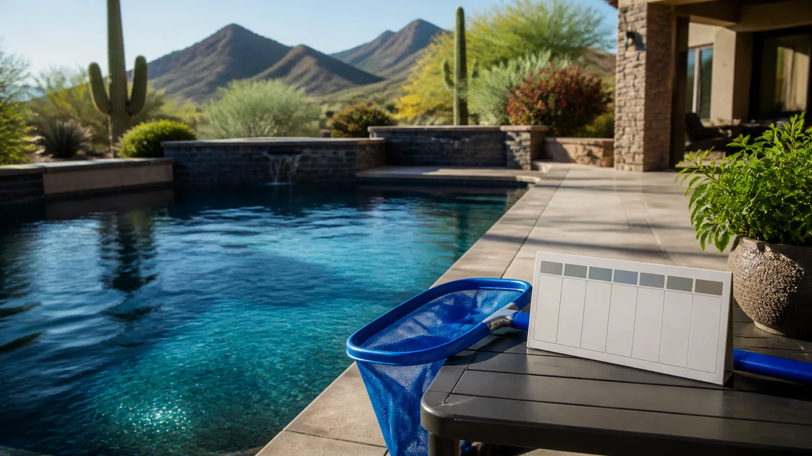 Arizona swimming pool maintained through strong sun and desert conditions