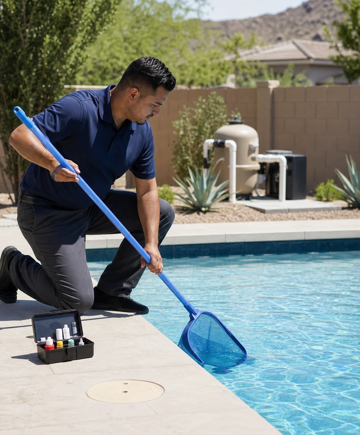 Pool technician measuring and documenting water care during a weekly visit