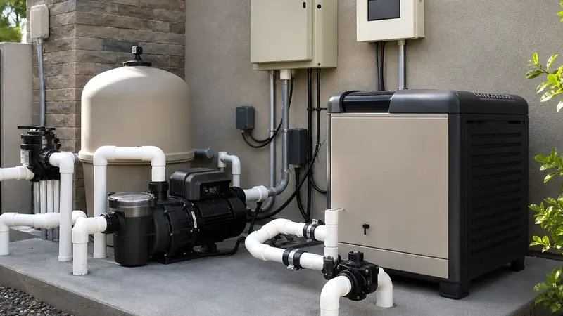 A residential pool equipment pad with a filter, pump, heater, and white plumbing.