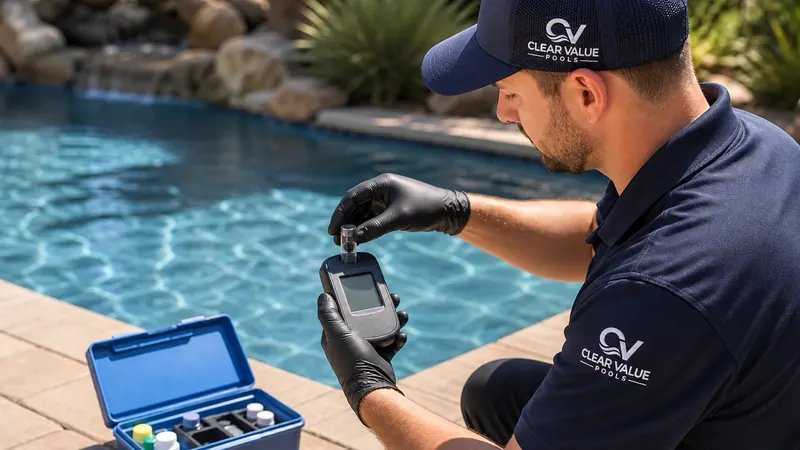 A technician wearing a Clear Value Pools branded navy polo and cap testing a water sample beside an Arizona pool.