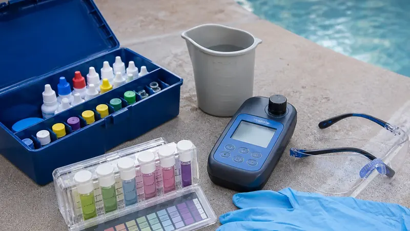 Pool-water test vials, reagents, a meter, and blue gloves arranged beside the water.