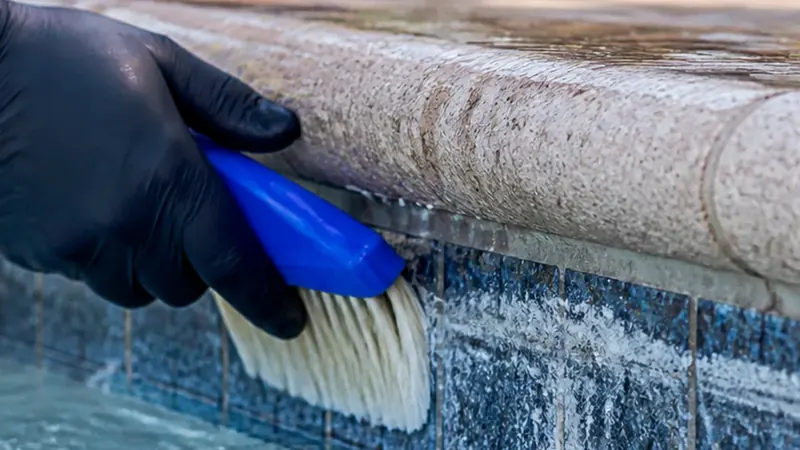 A gloved hand brushing white mineral buildup from blue pool waterline tile.