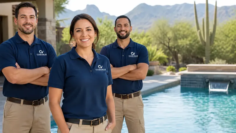 Three pool-service professionals in Clear Value Pools branded navy polos standing beside a desert backyard pool.