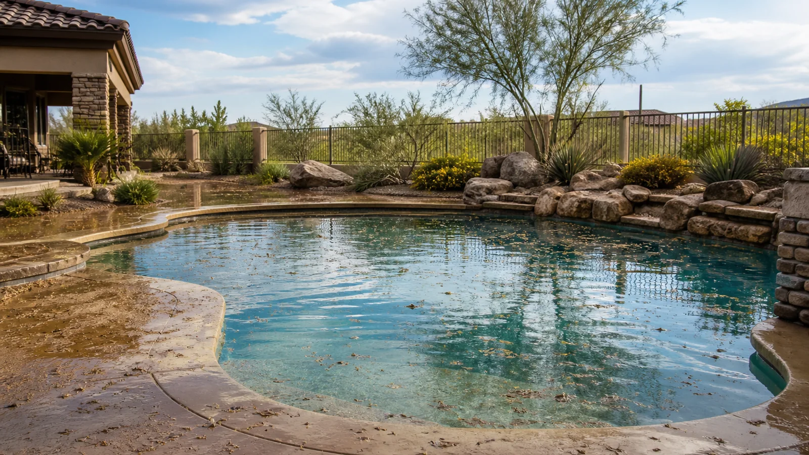 Arizona swimming pool exposed to bright sun, desert landscaping, and windblown debris