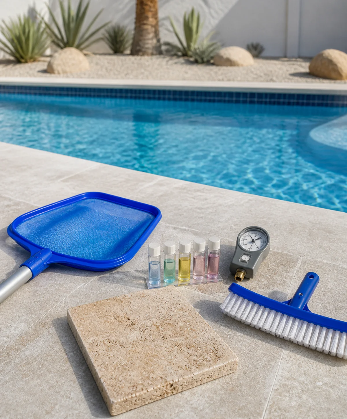 Organized pool-service tools illustrating five Arizona pool-care topics
