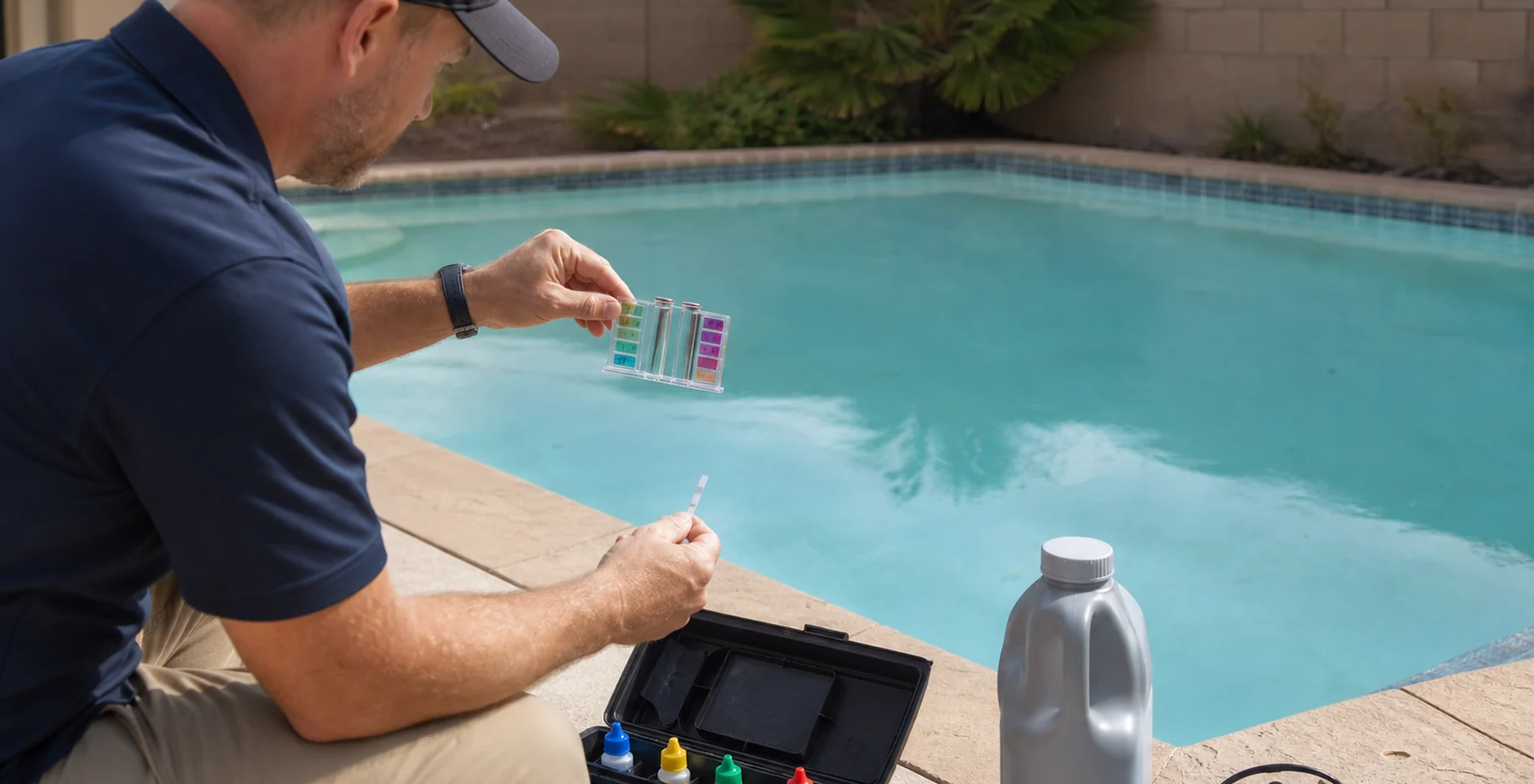 Pool professionals reviewing an empty residential and commercial pool before corrective water or surface care.